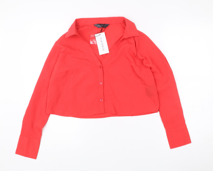 PixieGirl Womens Red Cropped Blouse UK 14 Long Sleeve Collared