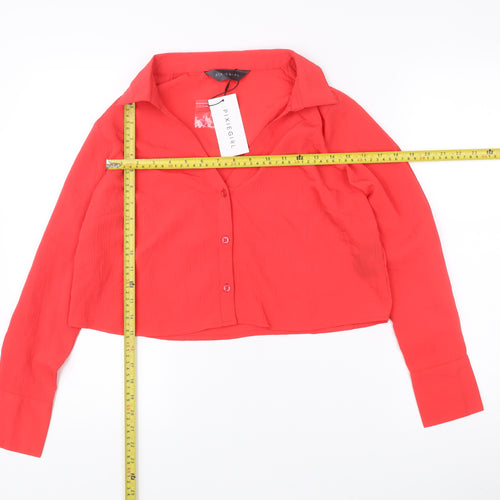 PixieGirl Womens Red Cropped Blouse UK 14 Long Sleeve Collared