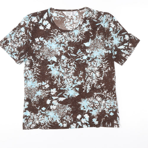 TIGI Wear Womens Brown Floral Print Polyester T-Shirt Size 10