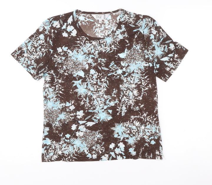 TIGI Wear Womens Brown Floral Print Polyester T-Shirt Size 10