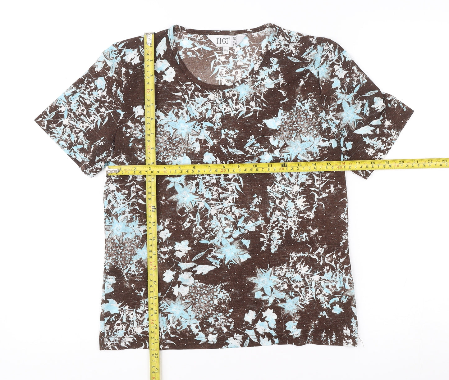 TIGI Wear Womens Brown Floral Print Polyester T-Shirt Size 10