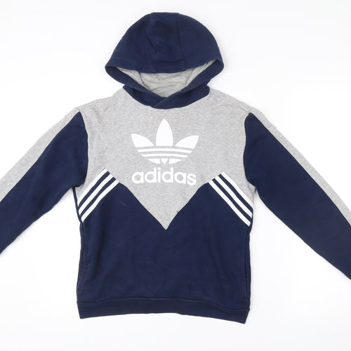 Adidas Boys Blue Grey Pullover Hoodie 11-12 Years Logo Sportswear
