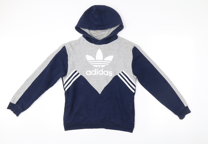 Adidas Boys Blue Grey Pullover Hoodie 11-12 Years Logo Sportswear