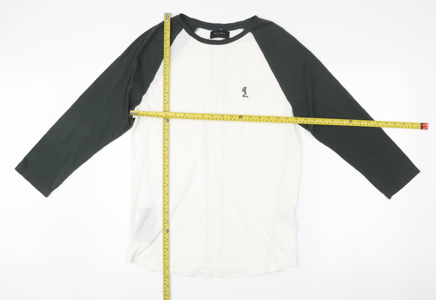 Religion Men’s Black White 3/4 Sleeve Colourblock Cotton T-Shirt M