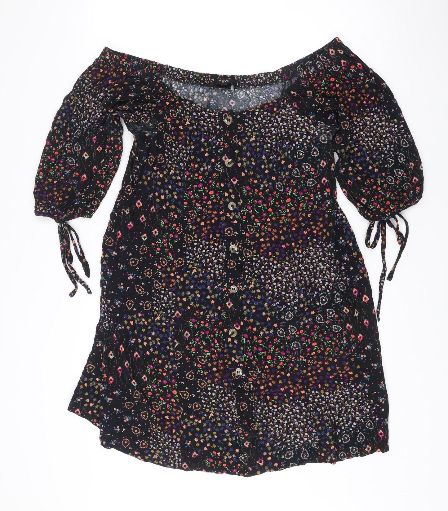 Next Women’s Black Floral Shift Dress Size 14 Boho Long Sleeve
