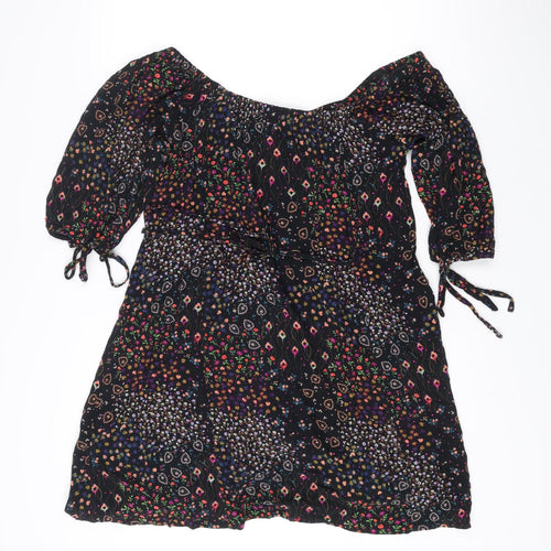 Next Women’s Black Floral Shift Dress Size 14 Boho Long Sleeve