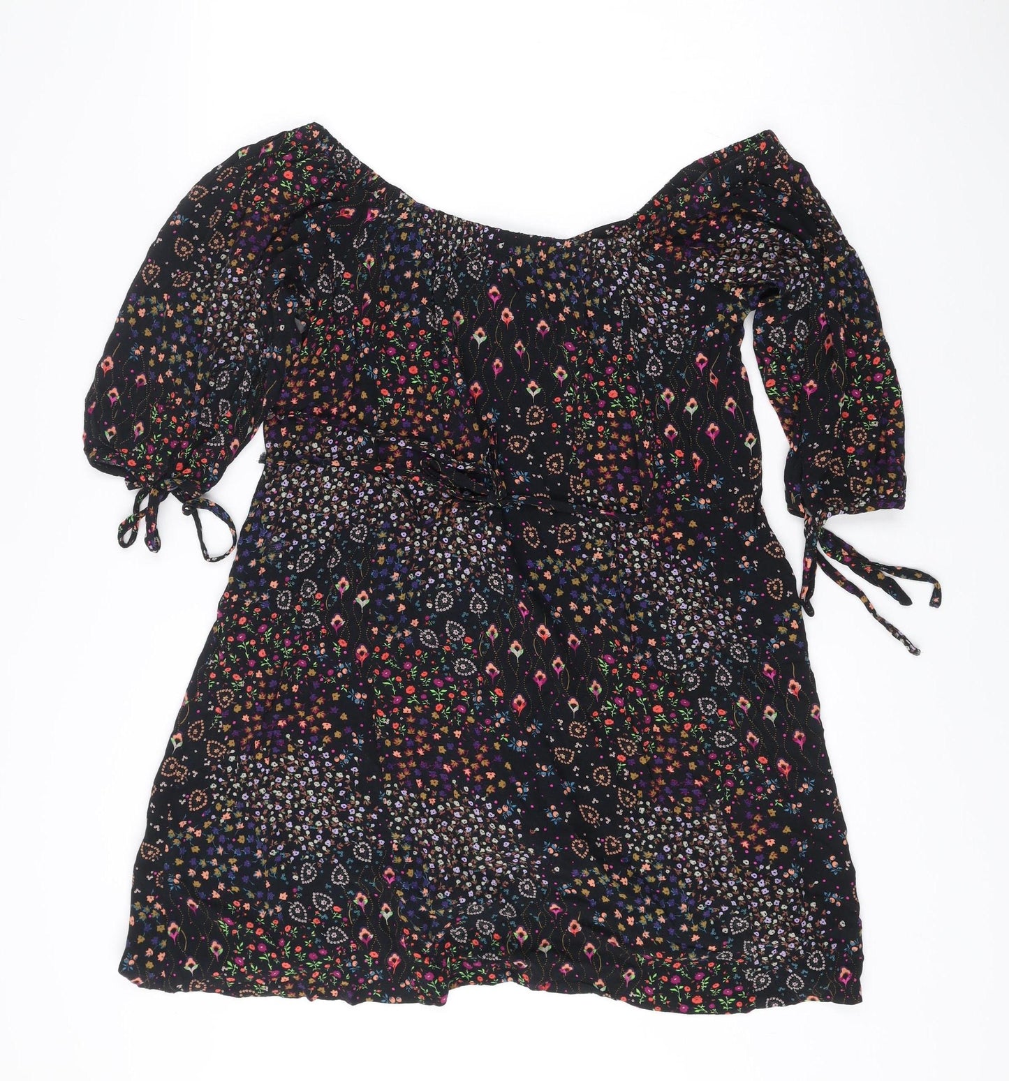 Next Women’s Black Floral Shift Dress Size 14 Boho Long Sleeve