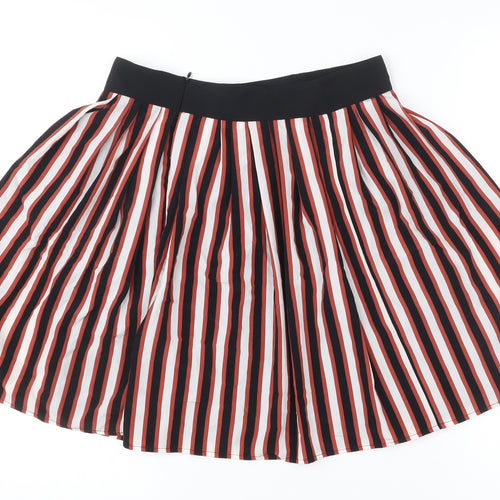 Mango Women’s Red Black White Striped Pleated Knee Skirt Size 10