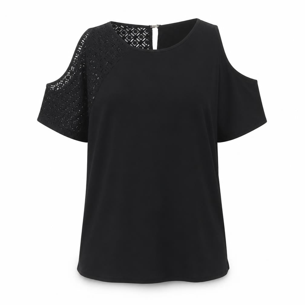 Front view of River Island women’s black cold shoulder lace blouse, size UK 8