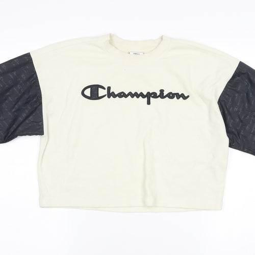 Champion Womens Ivory Black Pullover Sweatshirt Small Logo Raglan