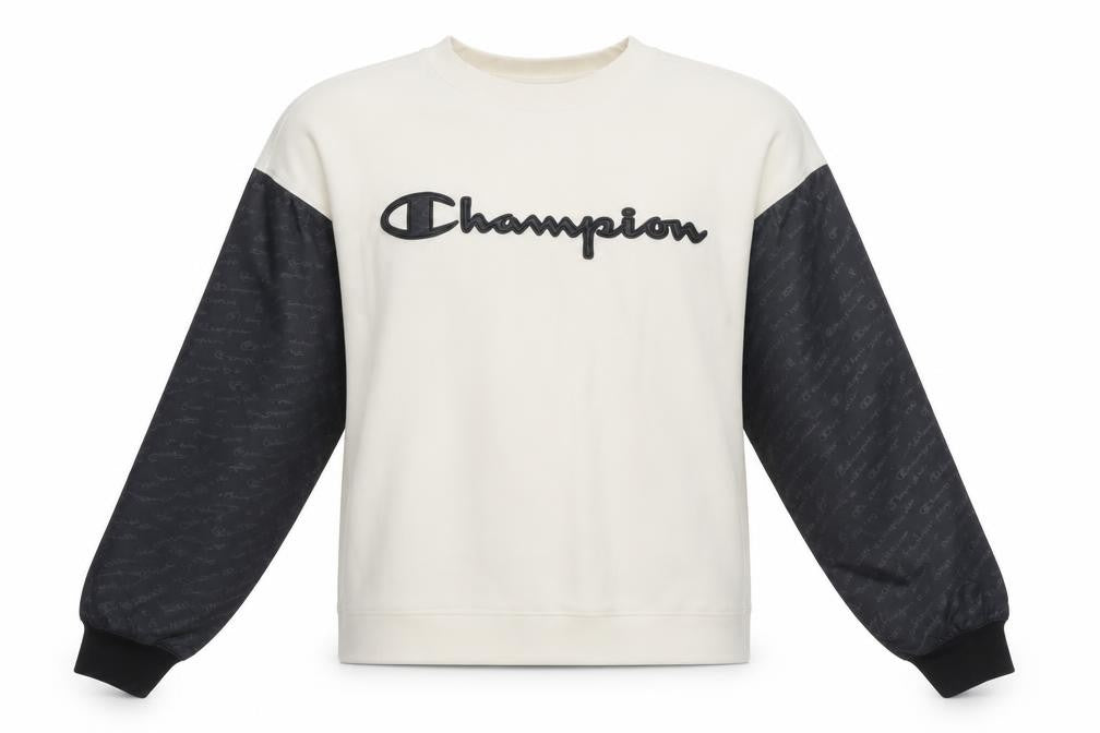Front view of Champion women’s ivory black pullover sweatshirt small logo raglan