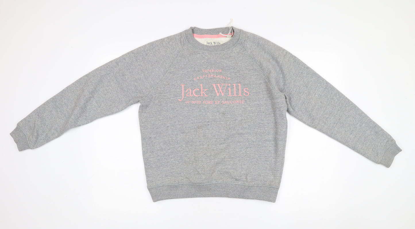 Jack Wills Womens Grey Logo Sweatshirt UK 10 Cotton Blend Pullover
