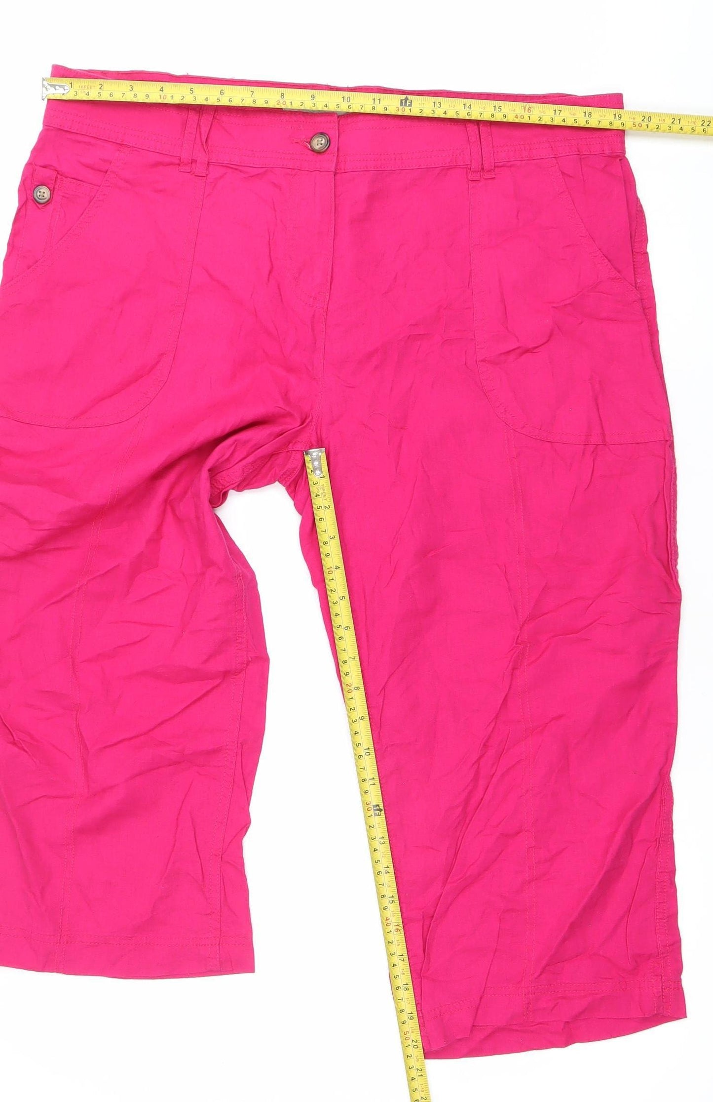 Womens Pink Linen Cotton Cropped Trousers Size 18 Casual