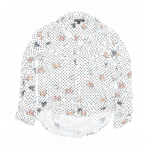 Yours Heart Women’s White Dog Print Polka Dot Button-Up Shirt Size S