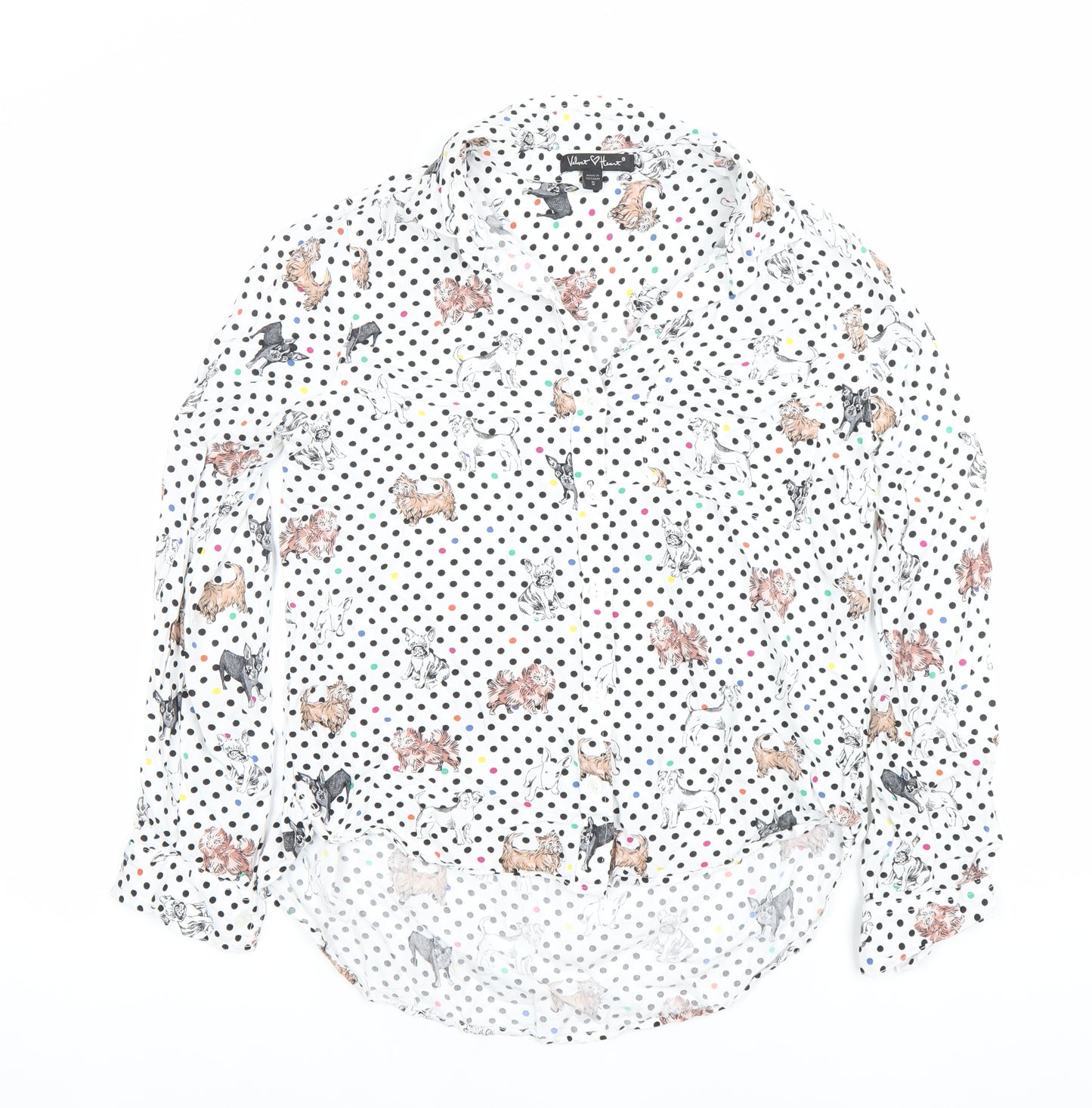 Yours Heart Women’s White Dog Print Polka Dot Button-Up Shirt Size S