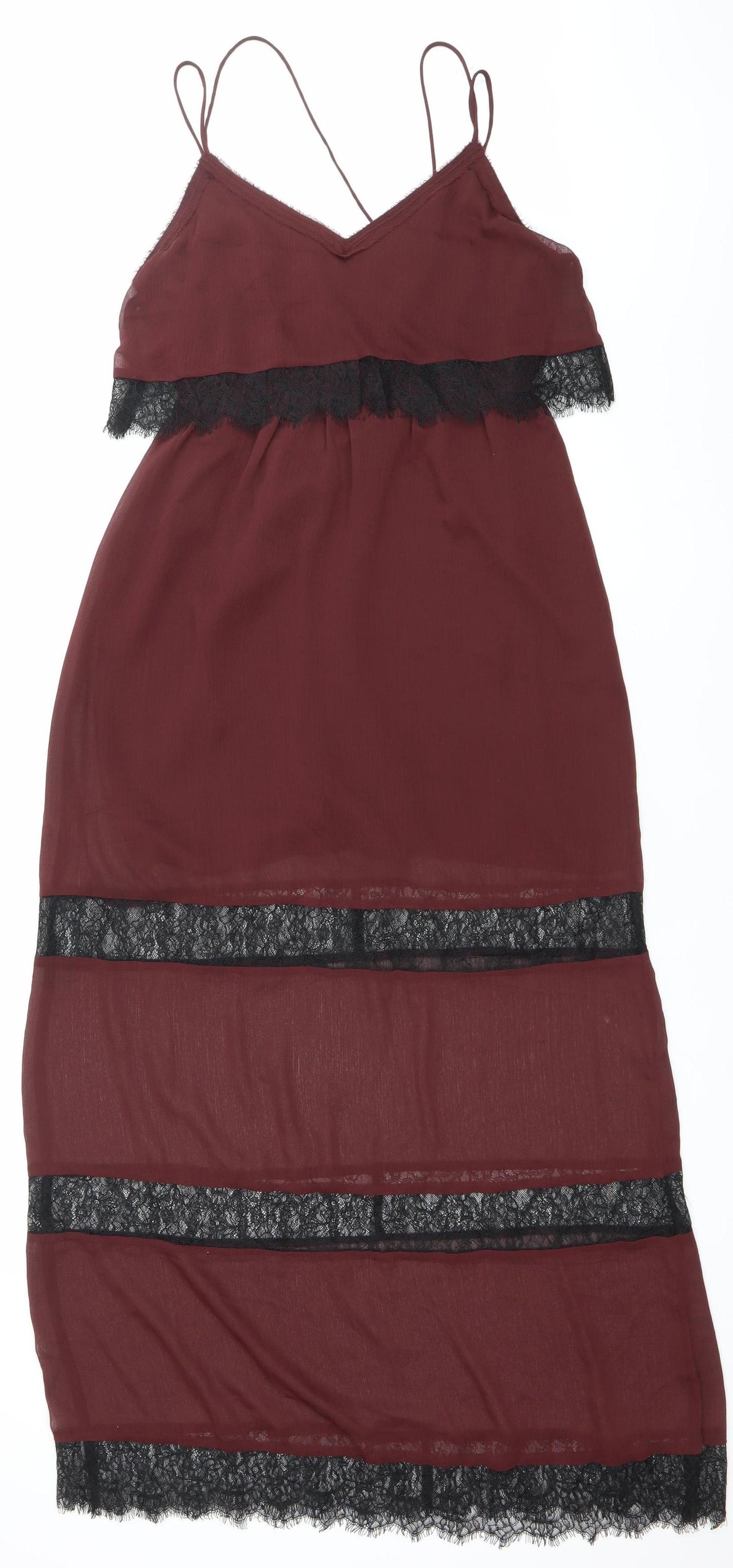 H&M Womens Red Lace Trim Slip Dress Size 10 Midi V-Neck