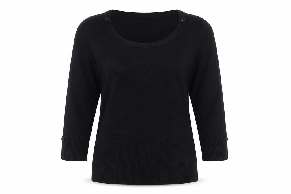 Front view of Wallis Women’s Black Scoop Neck 3/4 Sleeve jumper, size UK 14