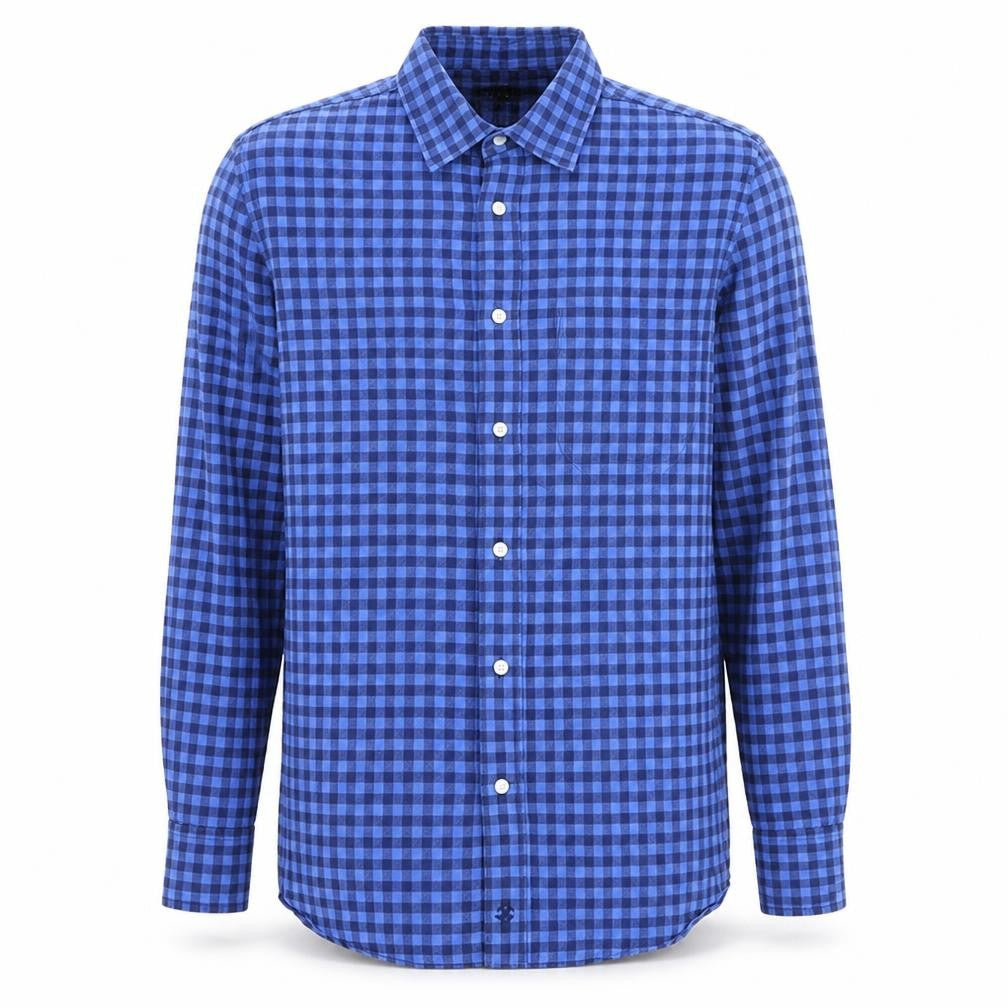 Front view of Jaeger Men’s Blue Check Cotton Button-Up Shirt, size S