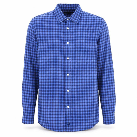 Front view of Jaeger Men’s Blue Check Cotton Button-Up Shirt, size S