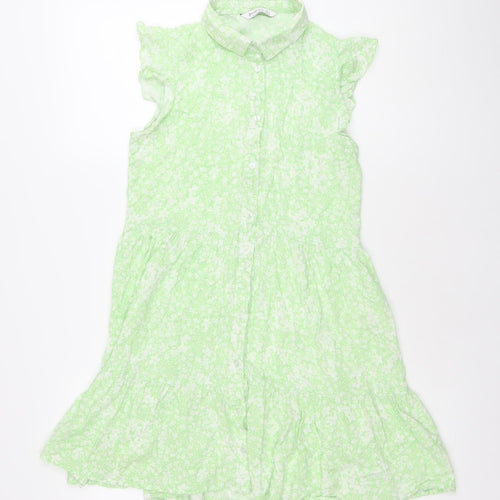 Stradivarius Women’s Green Floral Shirt Dress Size 8 Collared Ruffle