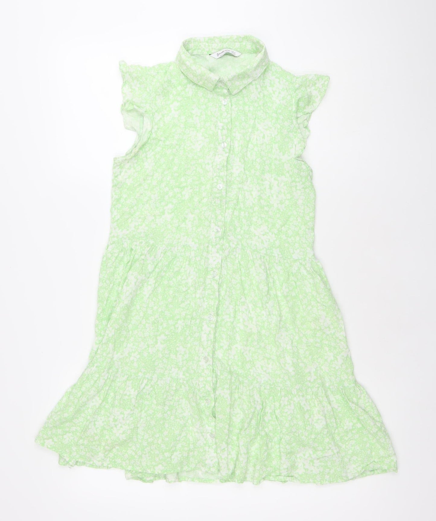 Stradivarius Women’s Green Floral Shirt Dress Size 8 Collared Ruffle