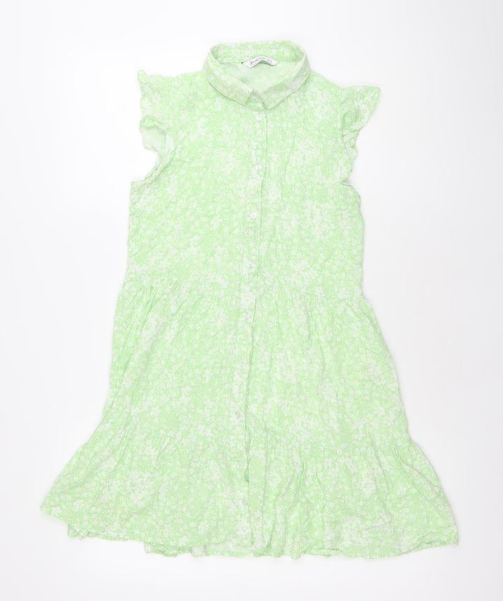Stradivarius Women’s Green Floral Shirt Dress Size 8 Collared Ruffle