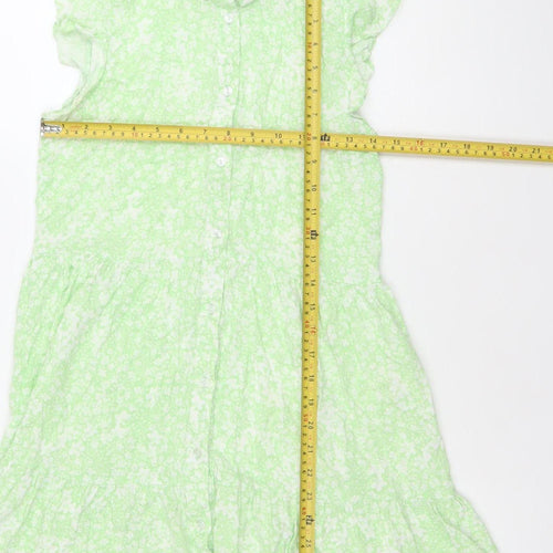 Stradivarius Women’s Green Floral Shirt Dress Size 8 Collared Ruffle