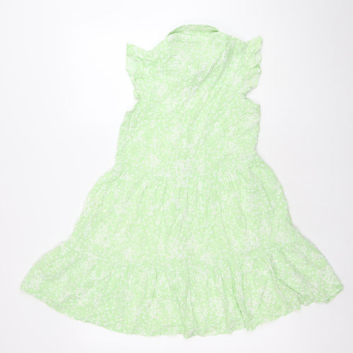 Stradivarius Women’s Green Floral Shirt Dress Size 8 Collared Ruffle