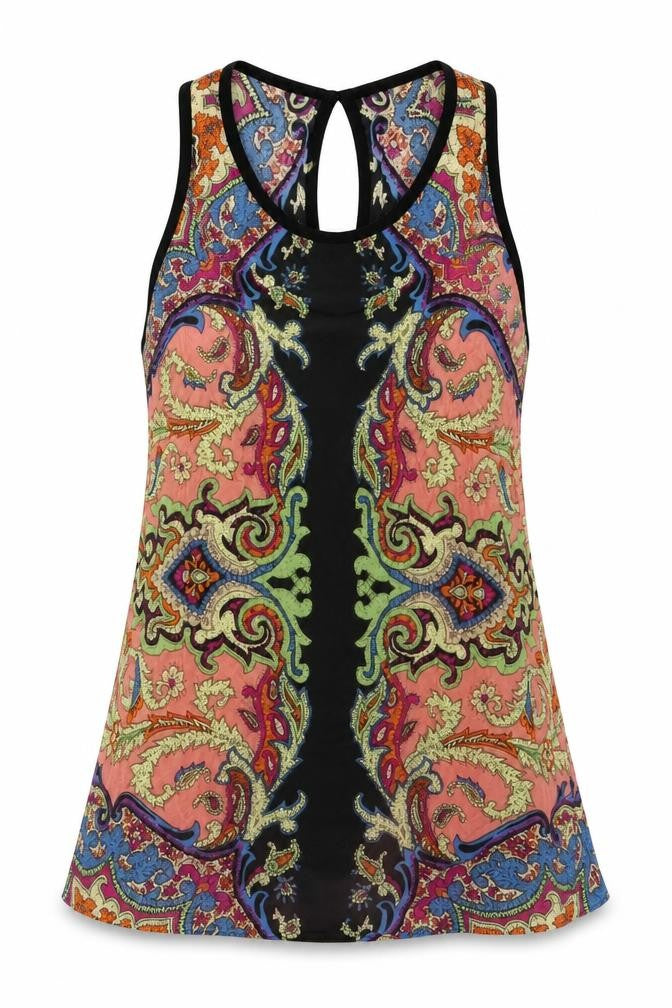 Front view of Warehouse women’s multicoloured paisley tank top uk 8 viscose