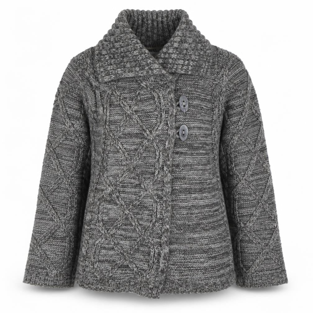 Front view of M&Co women’s grey cable knit collared cardigan, size S