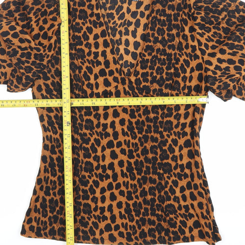 Boohoo Women’s Brown Leopard Print Puff Sleeve V-Neck Blouse Size 6
