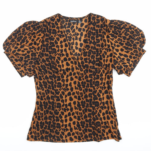 Boohoo Women’s Brown Leopard Print Puff Sleeve V-Neck Blouse Size 6