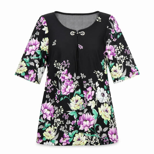 Front view of Bonmarché Women Black Floral Shift Dress, size 10, Scoop Neck