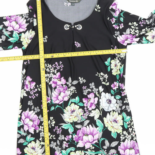 Bonmarché Women Black Floral Shift Dress Size 10 Scoop Neck