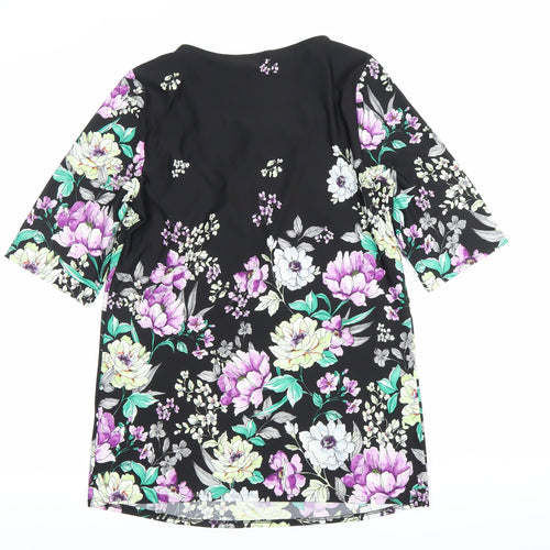 Bonmarché Women Black Floral Shift Dress Size 10 Scoop Neck