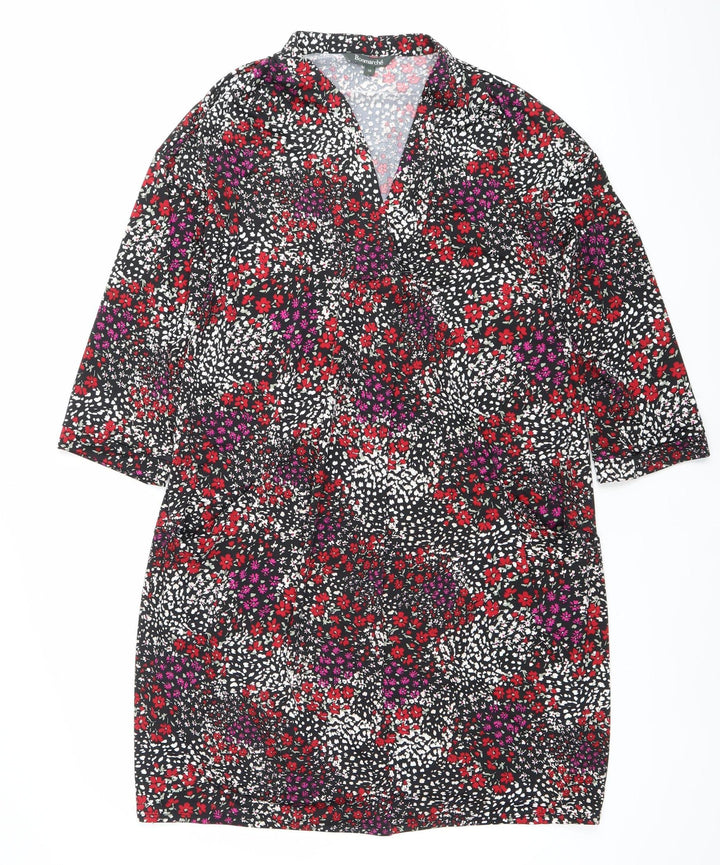 Bonmarché Women’s Black Floral Bodycon Dress Size 10 V-Neck Long Sleeve