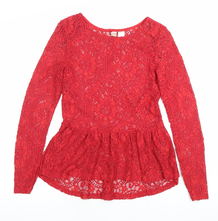 H&M Divided Women’s Red Lace Scoop Neck Long Sleeve Blouse S