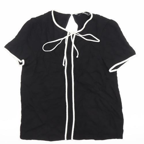 Zara Women Black Viscose Tunic Blouse L Short Sleeve Scoop Neck