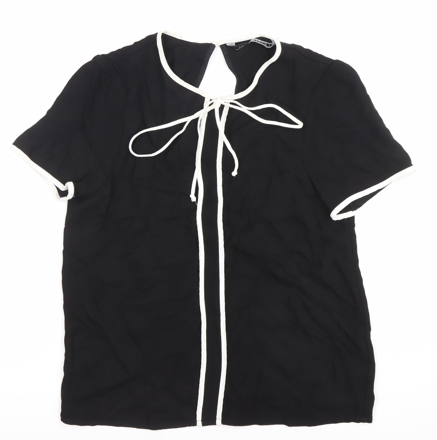 Zara Women Black Viscose Tunic Blouse L Short Sleeve Scoop Neck