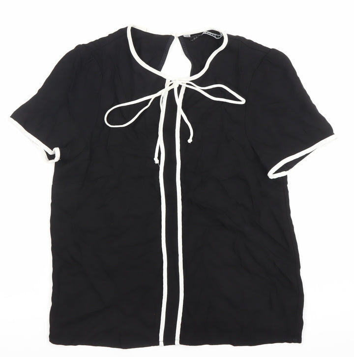 Zara Women Black Viscose Tunic Blouse L Short Sleeve Scoop Neck