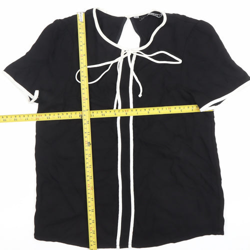 Zara Women Black Viscose Tunic Blouse L Short Sleeve Scoop Neck