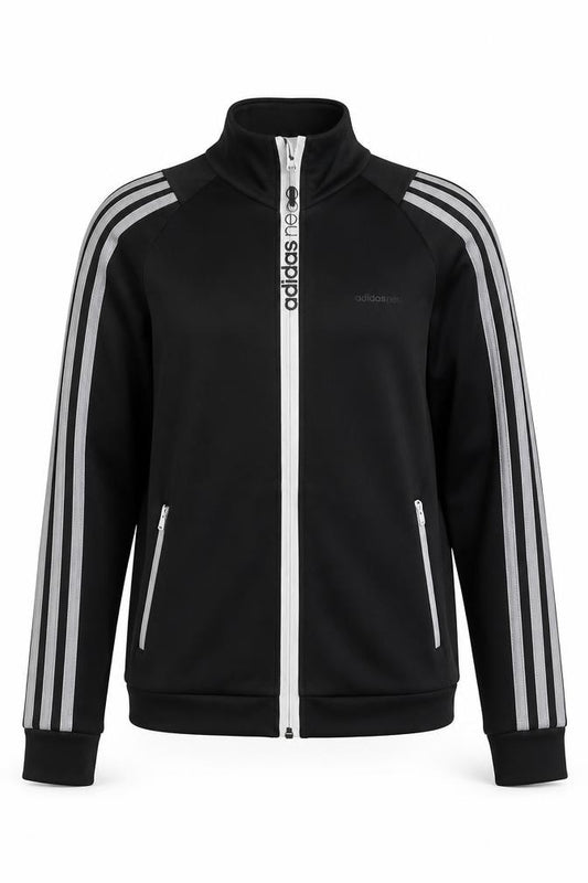 Front view of Adidas Neo women’s black track jacket uk 8 slim fit full zip