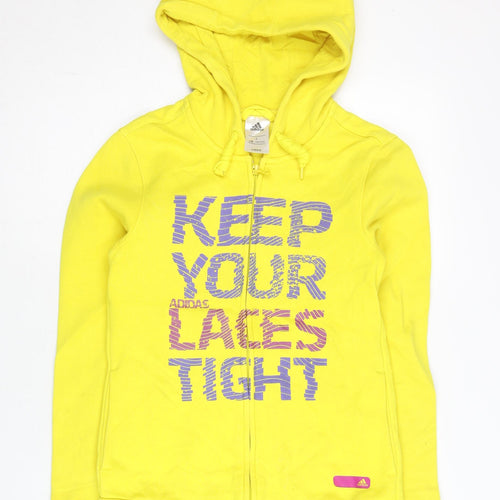 Adidas Womens Yellow Full Zip Hoodie Size 8 UK Sports Graphic