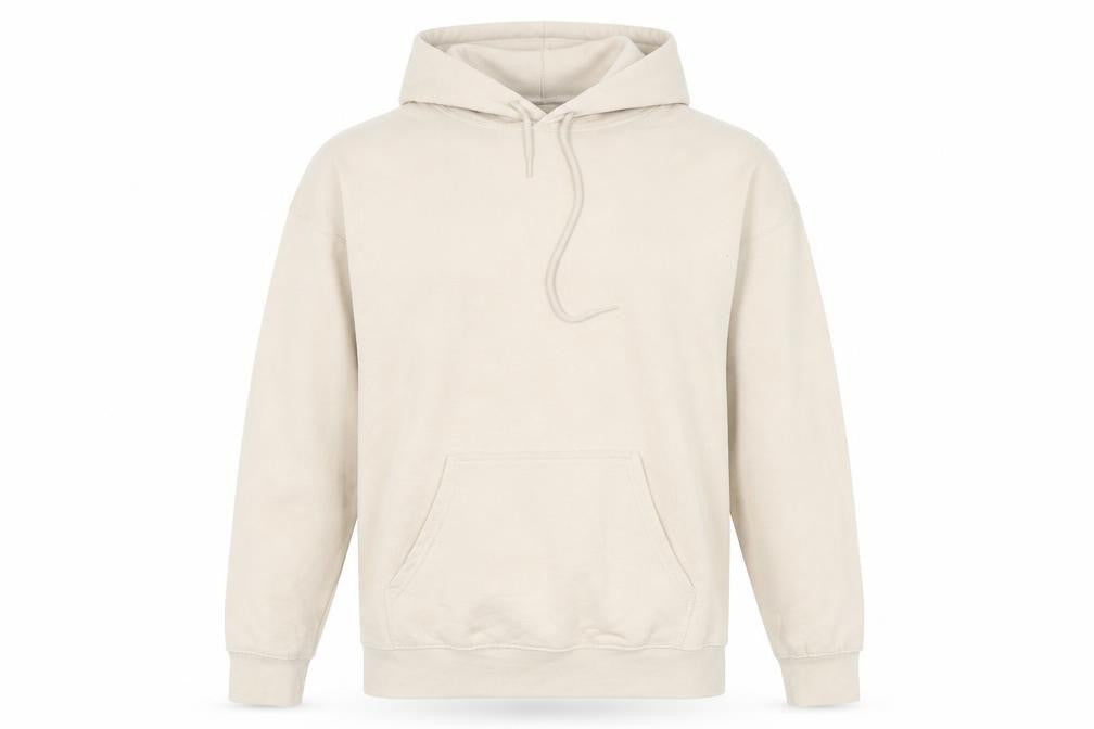 Front view of boohooMAN Men’s Beige Pullover Hoodie S Graphic Print Fleece