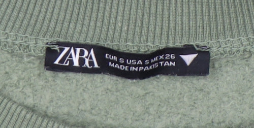 Zara Women Green Small Pullover Sweatshirt Cotton Blend Casual