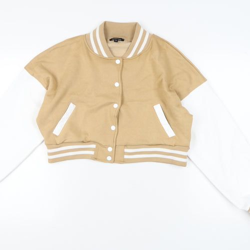 Boohoo Womens Beige White Size 12 Varsity Cropped Jacket