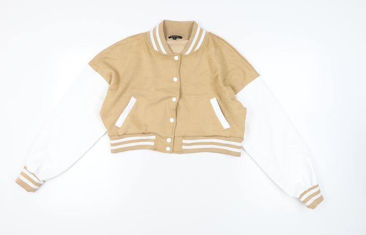Boohoo Womens Beige White Size 12 Varsity Cropped Jacket