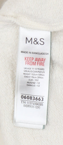 Marks and Spencer Girls Ivory Pullover Hoodie 11-12 Years Cotton Blend