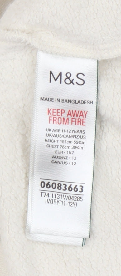 Marks and Spencer Girls Ivory Pullover Hoodie 11-12 Years Cotton Blend