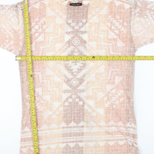 Zara Man Men’s Beige Aztec Print Linen Blend T-Shirt Size S